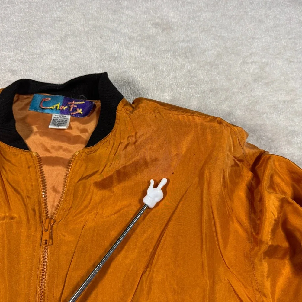 Color‎ Fx Vintage Womens 100% Silk Bomber Jacket Orange Black Trim Size Medium